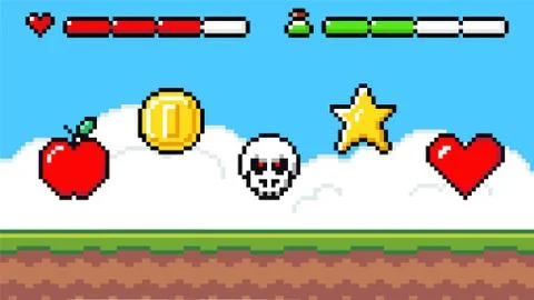 Pixel art game scene with grass platform and valuable prizes important to the イラスト素材