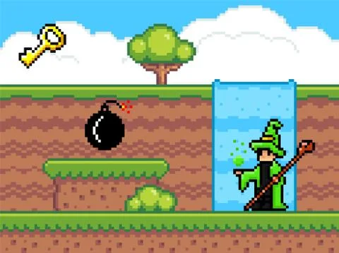 Pixel art game scene with ground plarforms, tree, waterfall, cloudy sky and Stock Illustration