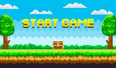 Pixel Art Game Start Screen with Trees and Clouds Illustrazione stock