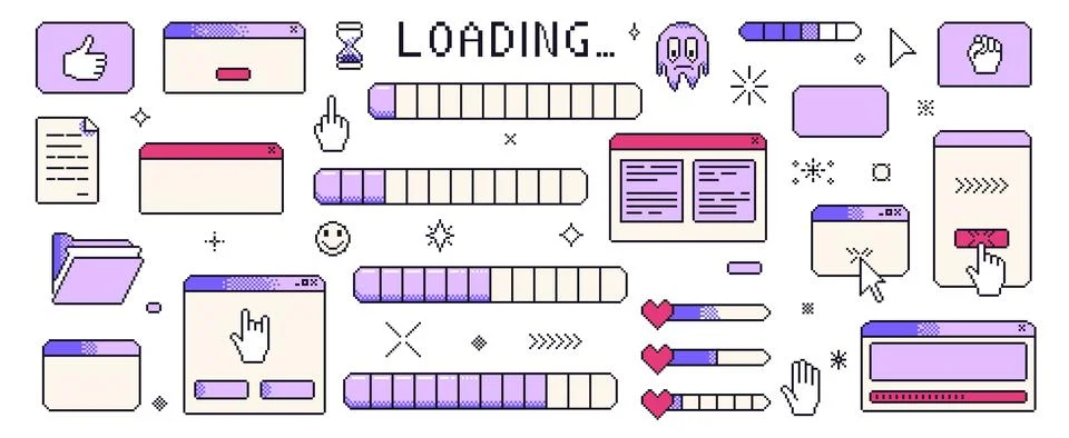 Pixel art game windows interface vintage. 8 bit browser and menu elements with Stock Illustration