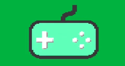 Pixel art gaming controller showing D-pad, action buttons and cable on Video stock 317526745