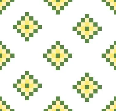 Pixel Art Geometric Seamless Pattern in Green and Yellow Stock Illustration