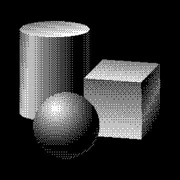 Pixel Art Geometric Shapes. Cube, Sphere and Cylinder on Black Background. Illustrazione stock