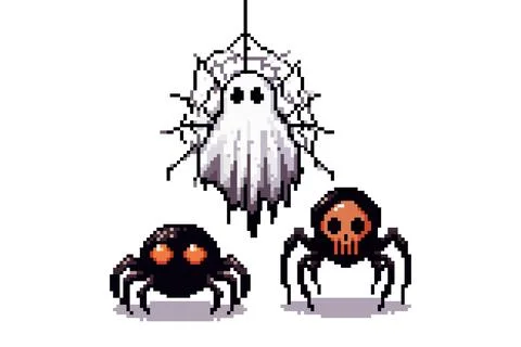 A pixel art ghost hangs from a spider web with two spiders below one with r.. Stock Illustration