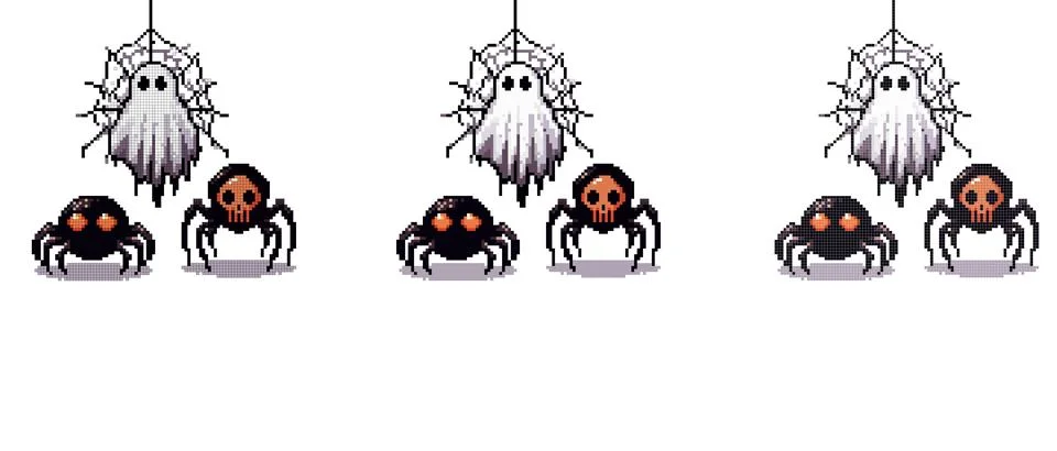 A pixel art ghost hangs from a spider web with two spiders below one with r.. Stock Illustration