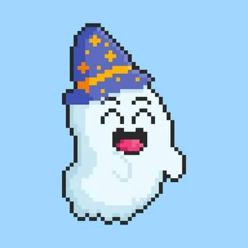 Pixel art Ghost Wearing a Wizard Hat for Halloween game asset design Ilustración de archivo