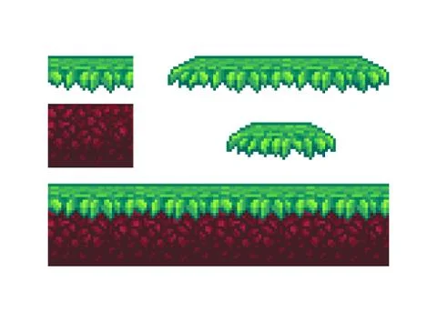 Pixel art ground and grass tile for game design. Stock Illustration