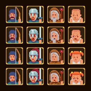 Pixel art group of characters men and women wounded isolated Stock Illustration