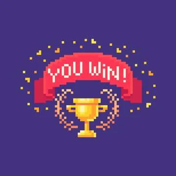 Pixel art GUI emblem with red ribbon and gold cup. Stock Illustration