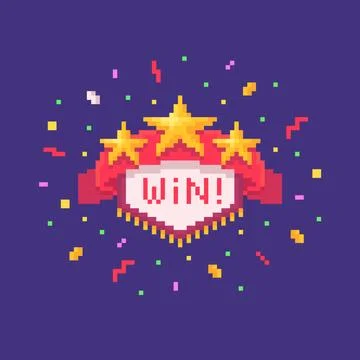 Pixel art GUI emblem with red ribbon and golden stars. Stock Illustration
