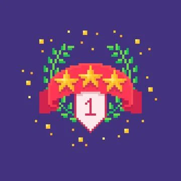 Pixel art GUI emblem with red ribbon and golden stars. Stock Illustration