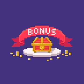 Pixel art GUI emblem with red ribbon and treasure chest. Stock Illustration