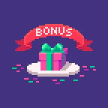 Pixel art GUI emblem with red ribbon and bright gift box. Stock Illustration