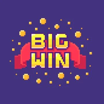 Pixel art GUI emblem with red ribbon and phrase Big Win. Stock Illustration