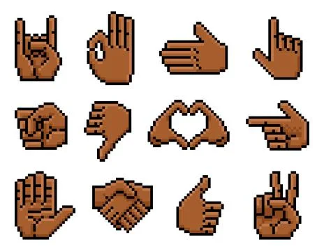Pixel Art Hand Gestures Retro 8 Bit Icon Set Stock Illustration