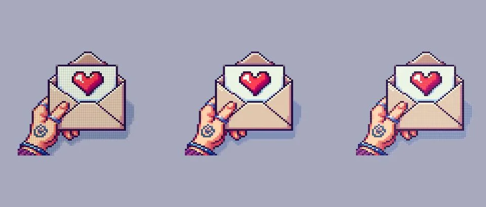 Pixel art of a hand holding an open envelope with a red heart inside on a l.. Stock Illustration