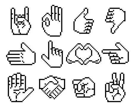 Pixel Art Hand Retro Gestures Icon Set Stock Illustration