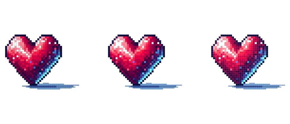 Pixel art heart with 3D effect, red with blue shading, and casting a shadow.. Stock Illustration