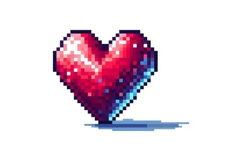 Pixel art heart with 3D effect, red with blue shading, and casting a shadow.. Stock Illustration