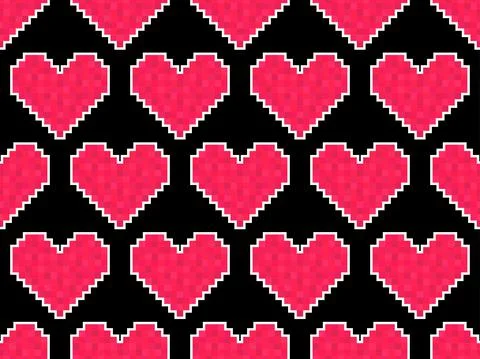 Pixel art hearts seamless pattern. 8-bit red hearts with white stroke. Retro  Stock Illustration