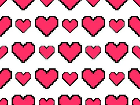 Pixel art hearts seamless pattern. 8-bit red hearts with black stroke on whit Stock Illustration