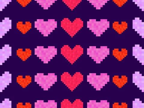 Pixel art hearts seamless pattern. Colorful 8-bit hearts. Retro 8-bit video g 库存插图