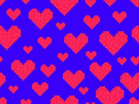 Pixel art hearts seamless pattern. 8-bit red hearts on blue background. Retro Stock Illustration