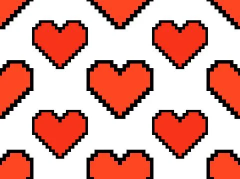 Pixel art hearts seamless pattern. 8-bit red hearts with black stroke on whit Stock Illustration