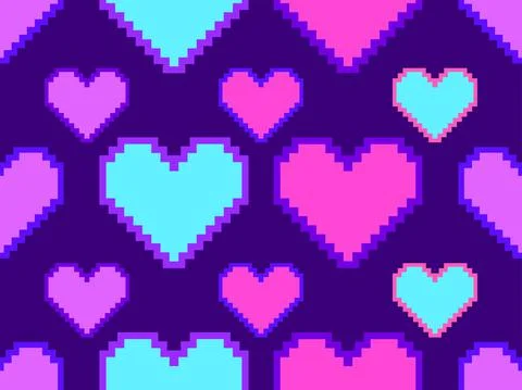 Pixel art hearts seamless pattern. 8-bit hearts with stroke. Retro 8-bit vide Stock Illustration