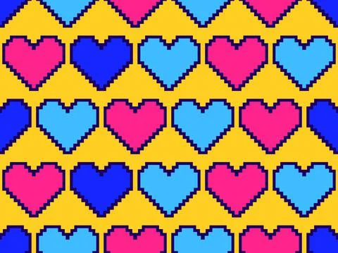 Pixel art hearts seamless pattern. Colorful 8-bit hearts. Retro 8-bit video g Stockillustratie