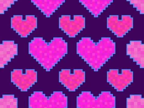Pixel art hearts seamless pattern. 8-bit hearts with stroke. Retro 8-bit vide Stockillustratie