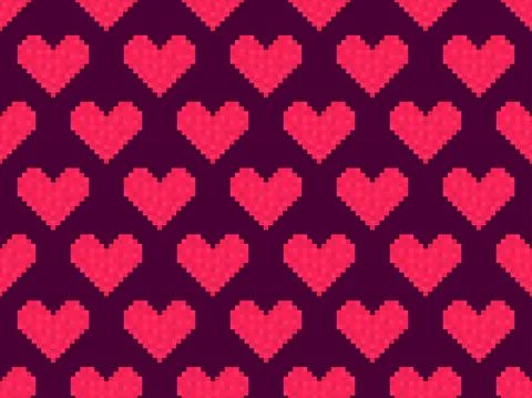 Pixel art hearts seamless pattern. 8-bit red hearts. Retro 8-bit video game.  Illustrazione stock