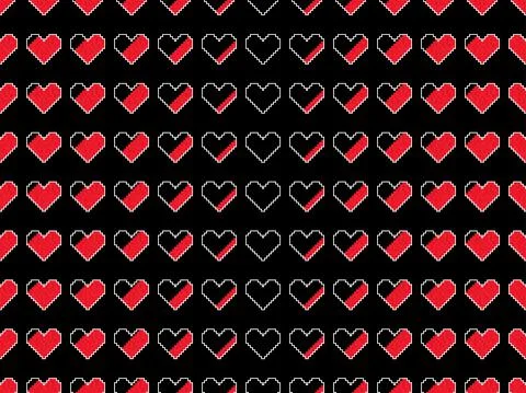 Pixel art hearts seamless pattern. 8-bit pixel health bar in retro video game Stock Illustration