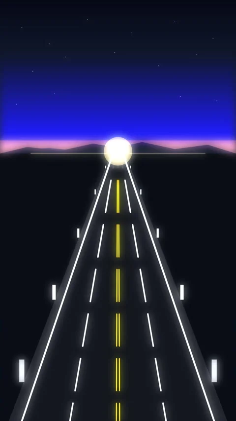 Pixel art highway loop driving animation towards sun sunset retro highway Stock Footage 347948443