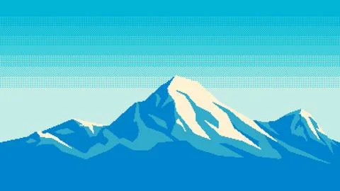 Pixel art horizontal illustration of daylight over mountain snowy peak. Ilustración de archivo