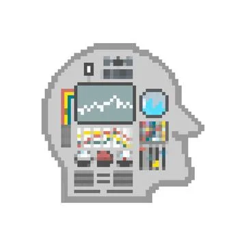 Pixel art of a human head in profile, containing complex machinery and moni.. Illustrazione stock