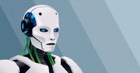 Pixel art humanoid AI robot banner. Avatar of artificial intelligence robot chat Stock Illustration