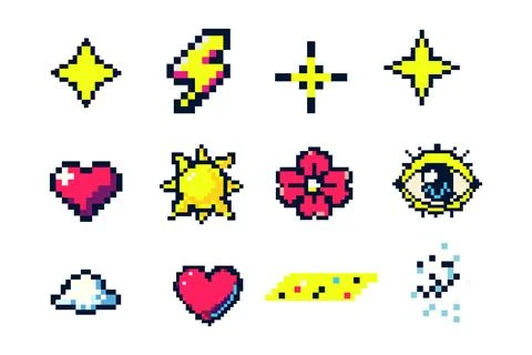 Pixel Art Icon Set Featuring Heart, Lightning, Sun, Eye, And Stars In Retro.. Stock Illustration