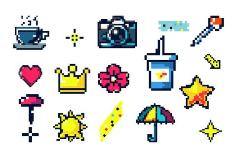 Pixel Art Icon Set Featuring Camera, Crown, Cup, Star, And Flower In 8-Bit Style Stock Illustration