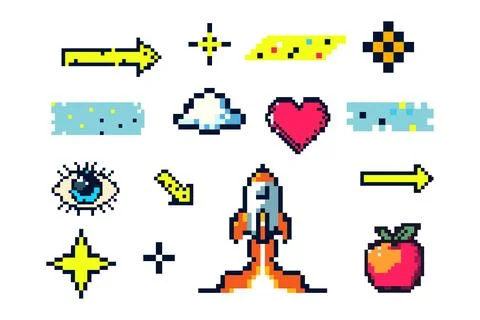 Pixel Art Icon Set With Rocket, Heart, Cloud, Arrows, And Stars In Retro 8-Bit Stock Illustration
