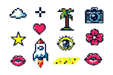 Pixel Art Icon Set With Rocket, Lips, Cloud, Palm Tree, And Eye In Retro 8-Bit Stock Illustration