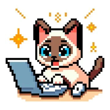 Pixel art icon with Siamese cat typing on a computer with a surprised face .. Stock Illustration