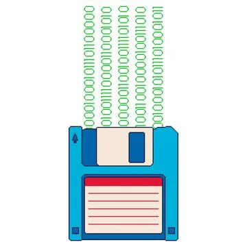 Pixel art illustration of a floppy disk with binary code representing data 스톡 일러스트