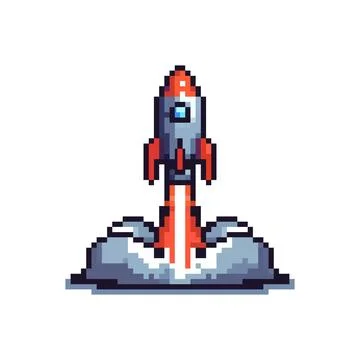 Pixel art illustration of a rocket launch with dynamic orange flames and bill Stock Illustration