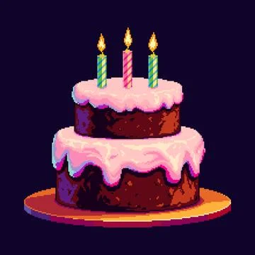 Pixel art illustration of a two-tier chocolate birthday cake with pink fros.. Stock Illustration