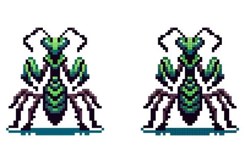 Pixel art image depicting a vibrant green praying mantis with detailed segm.. Stock Illustration