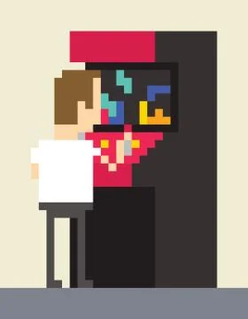 Pixel Art Image Of Gamer Playing On Retro Arcade Machine Stock Illustration