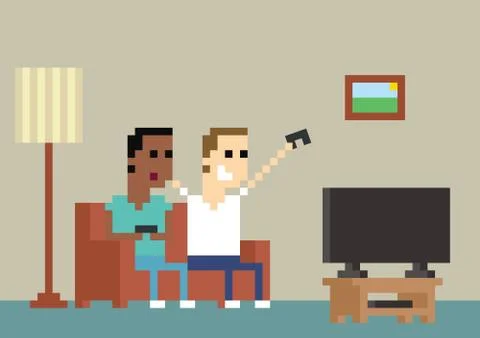 Pixel Art Image Of Gamers Playing Together At Home イラスト素材