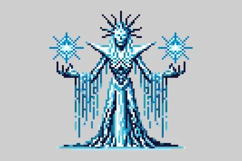 Pixel art image of an ice man dressed in a flowing robe and topped with ice spik Stock Illustration