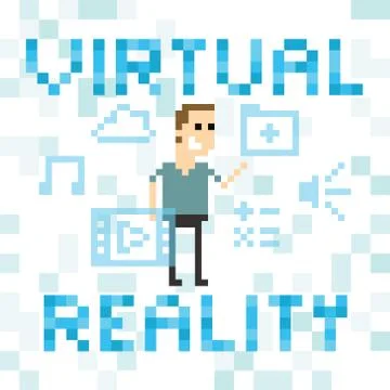 Pixel Art Image Of Man Amongst Virtual Reality Graphics Illustrazione stock